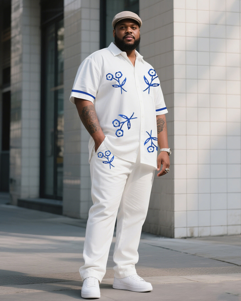 Big & Tall Blue Graphic Floral T-Shirt Pants Set for big men view 1