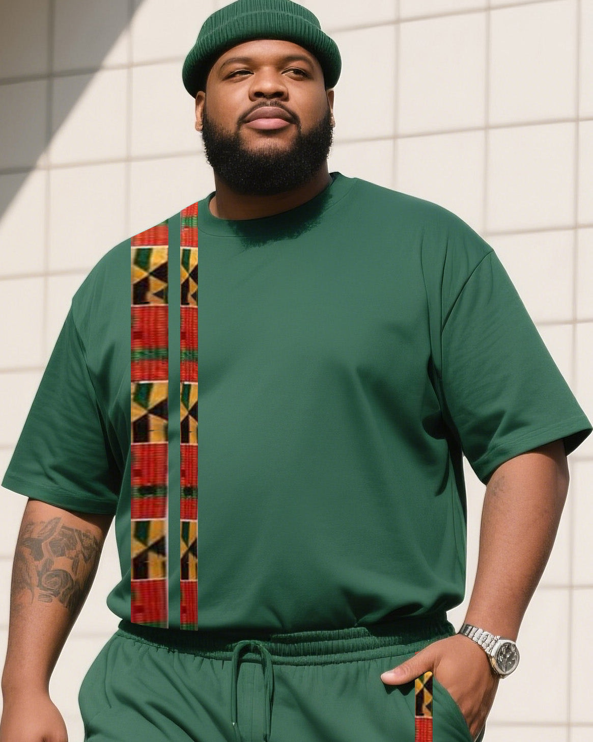 Big & Tall Green Striped Graphic T-Shirt Shorts Set for big men view 2