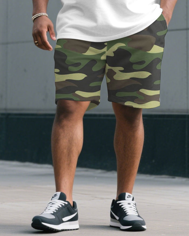 Big & Tall White Green Camouflage T-Shirt Shorts Set for big men view 3
