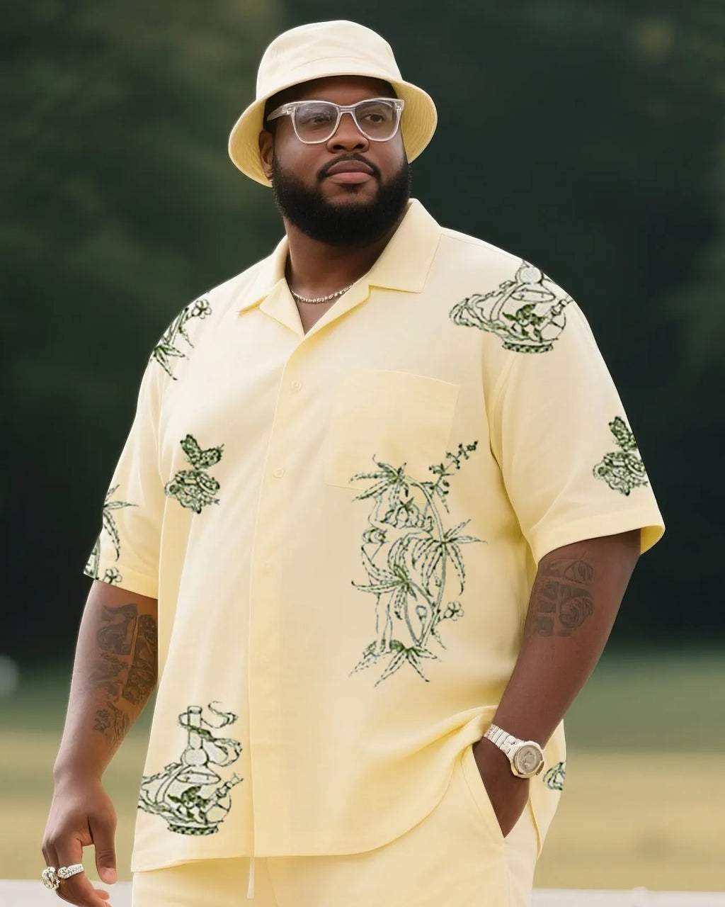 Big & Tall Yellow Floral T-Shirt Pants Set for big men view 2