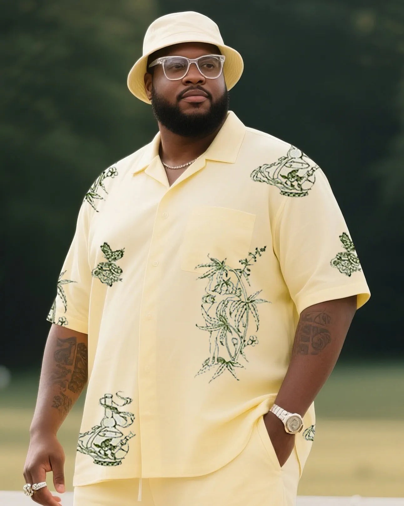 Big & Tall Yellow Floral T-Shirt Pants Set for big men view 2