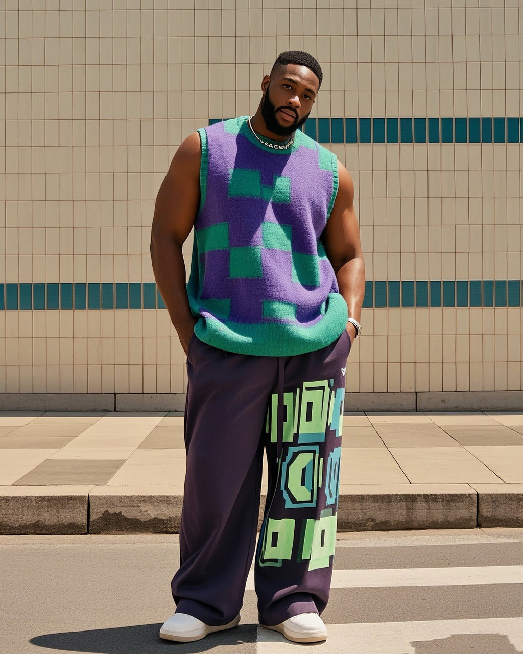 Big & Tall Colorblock Plaid Vest Pants Set for big men view 1