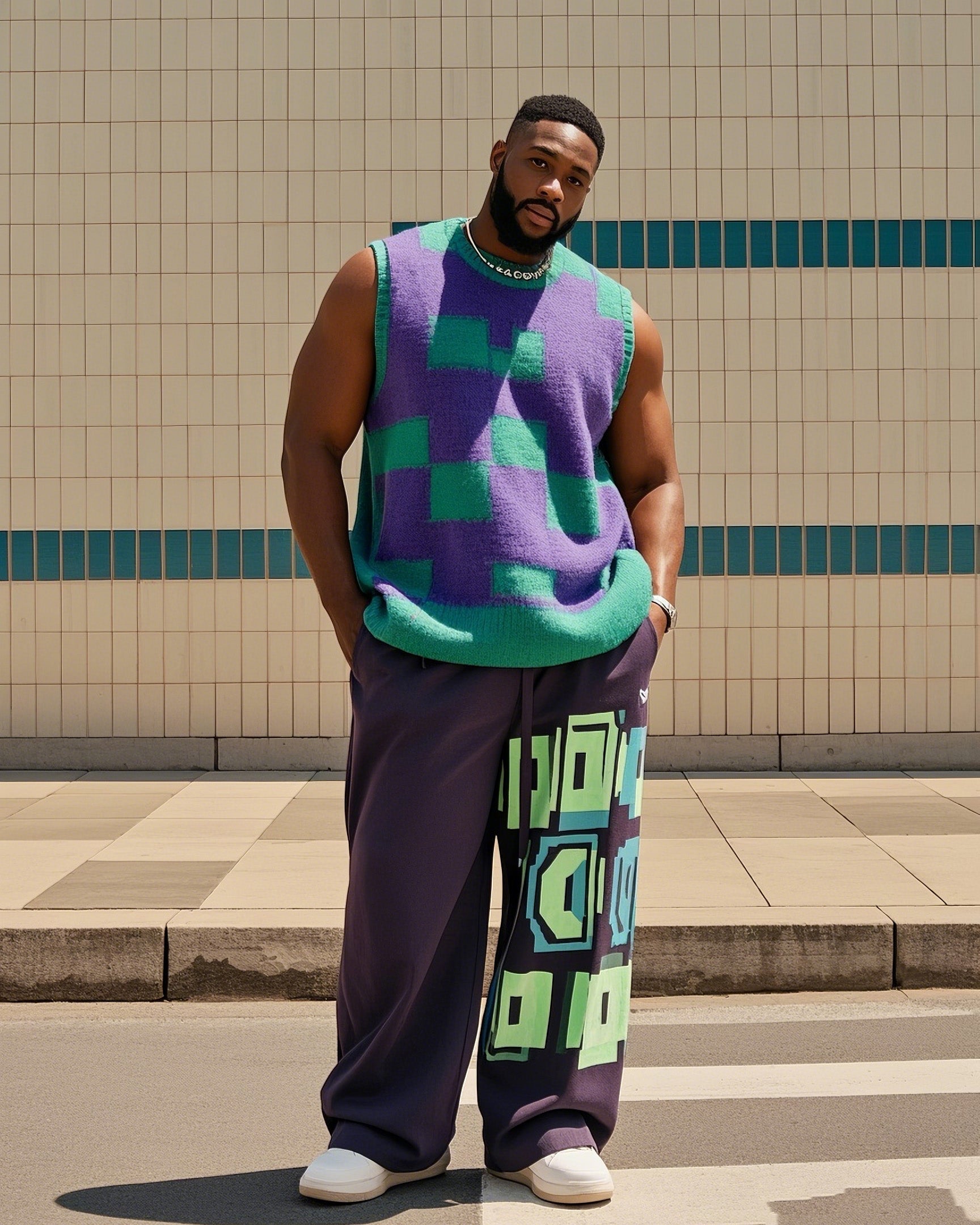 Big & Tall Colorblock Plaid Vest Pants Set for big men view 1