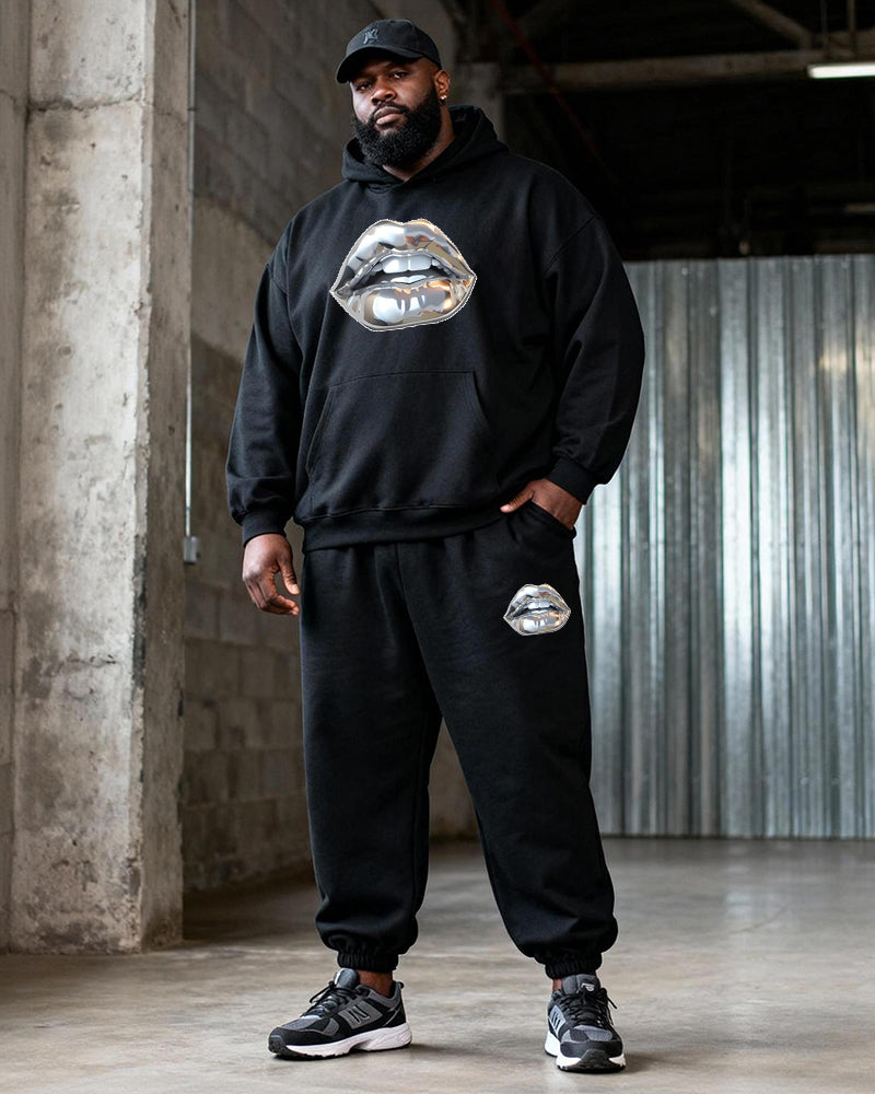 Big & Tall Black Graphic Hoodie Sweatpants Set for big men view 1