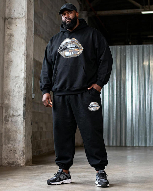 Big & Tall Black Graphic Hoodie Sweatpants Set for big men view 1