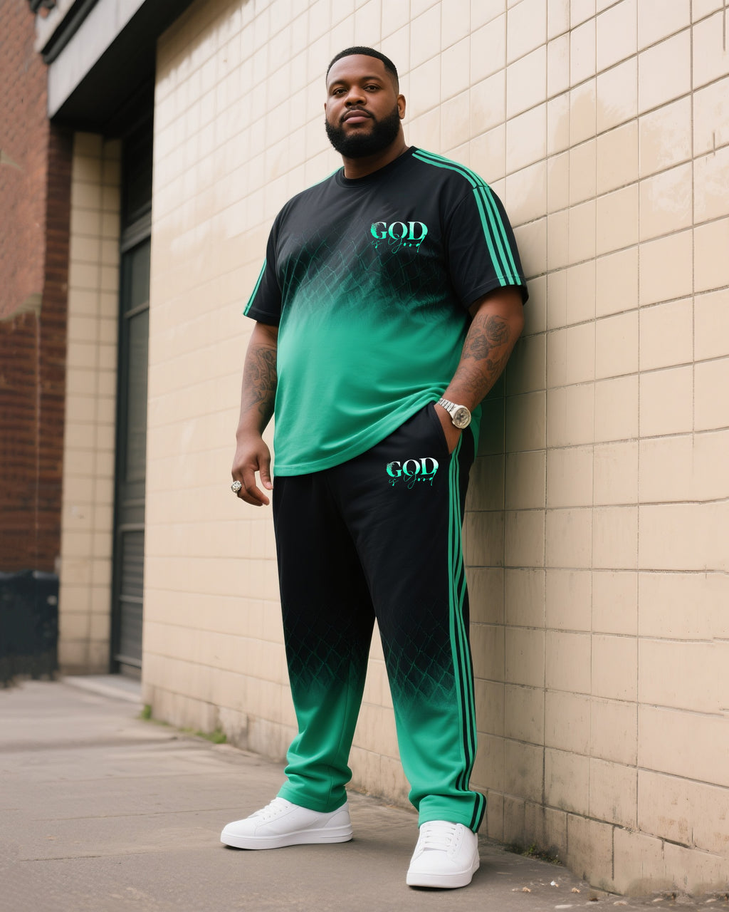 Big & Tall Black Green Gradient T-Shirt Pants Set for big men view 1