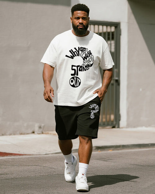 Big & Tall Black White Graphic T-Shirt Shorts Set for big men view 1