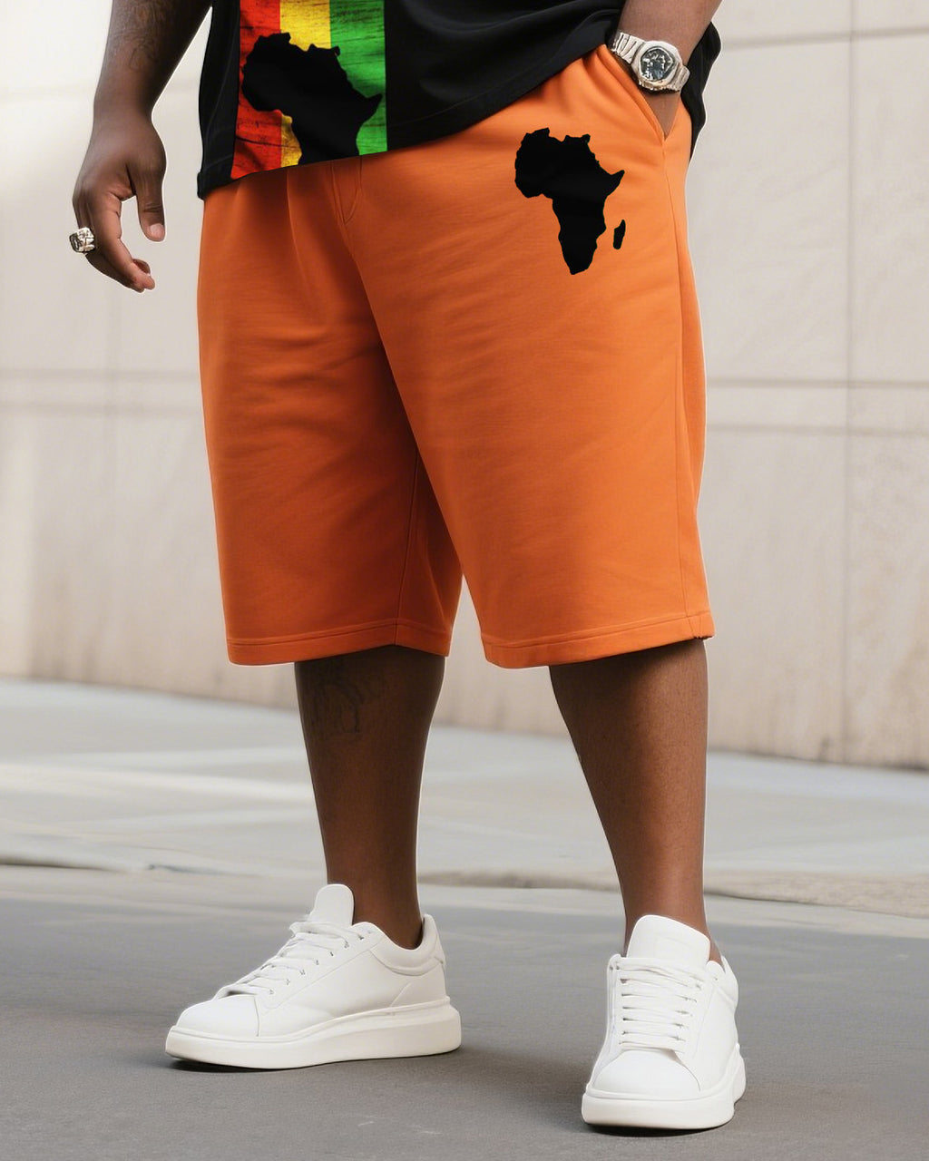 Big & Tall Black Orange Striped T-Shirt Shorts Set for big men view 3