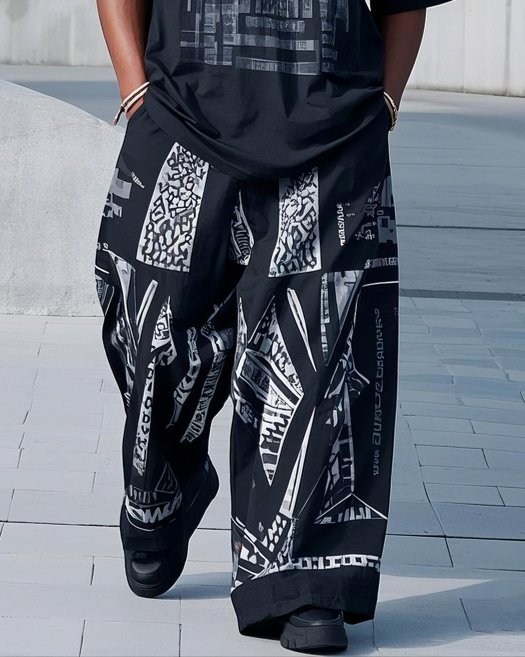 Big & Tall Black White Geometric T-Shirt Pants Set for big men view 3