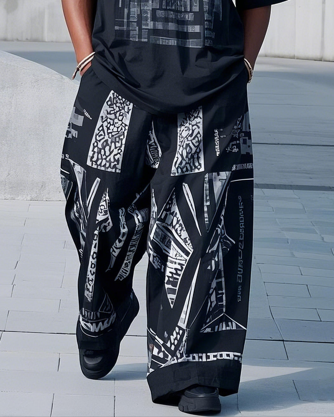 Big & Tall Black White Geometric T-Shirt Pants Set for big men view 3