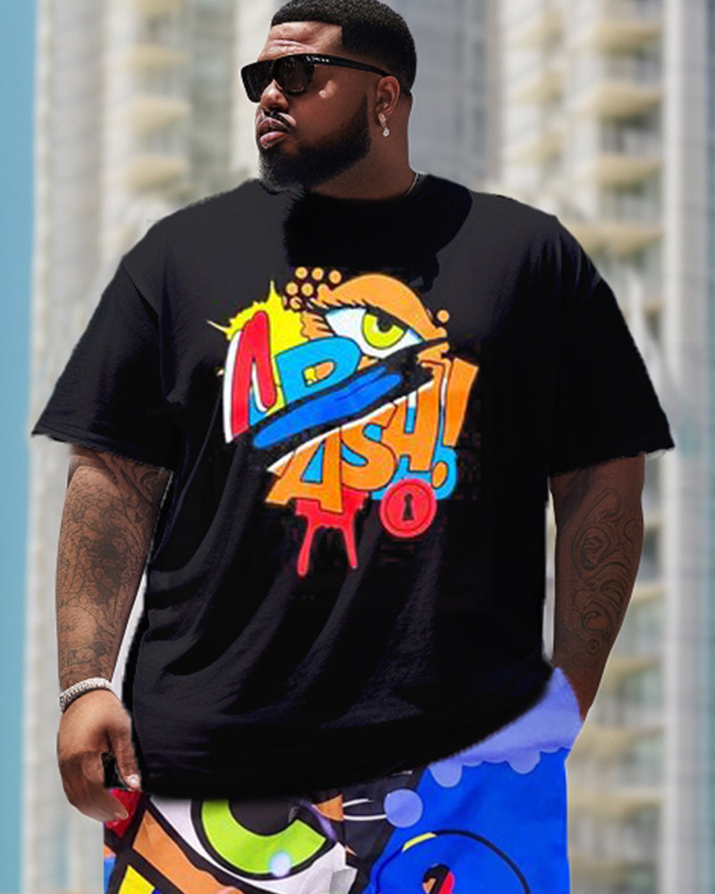Big & Tall Graffiti Patchwork T-Shirt Shorts Set for big men view 2