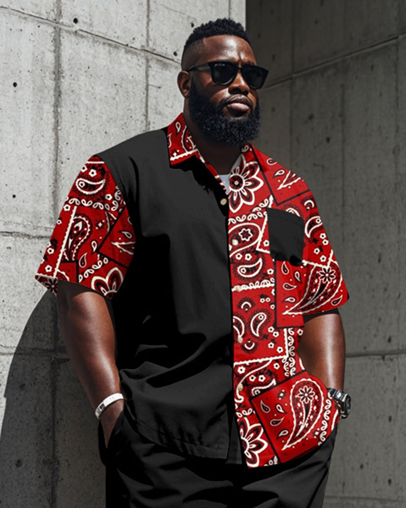 Big & Tall Black Red Colorblock T-Shirt Shorts Set for big men view 2