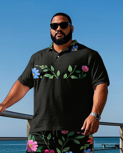 Big & Tall Striped Floral Polo Shorts Set for big men view 2