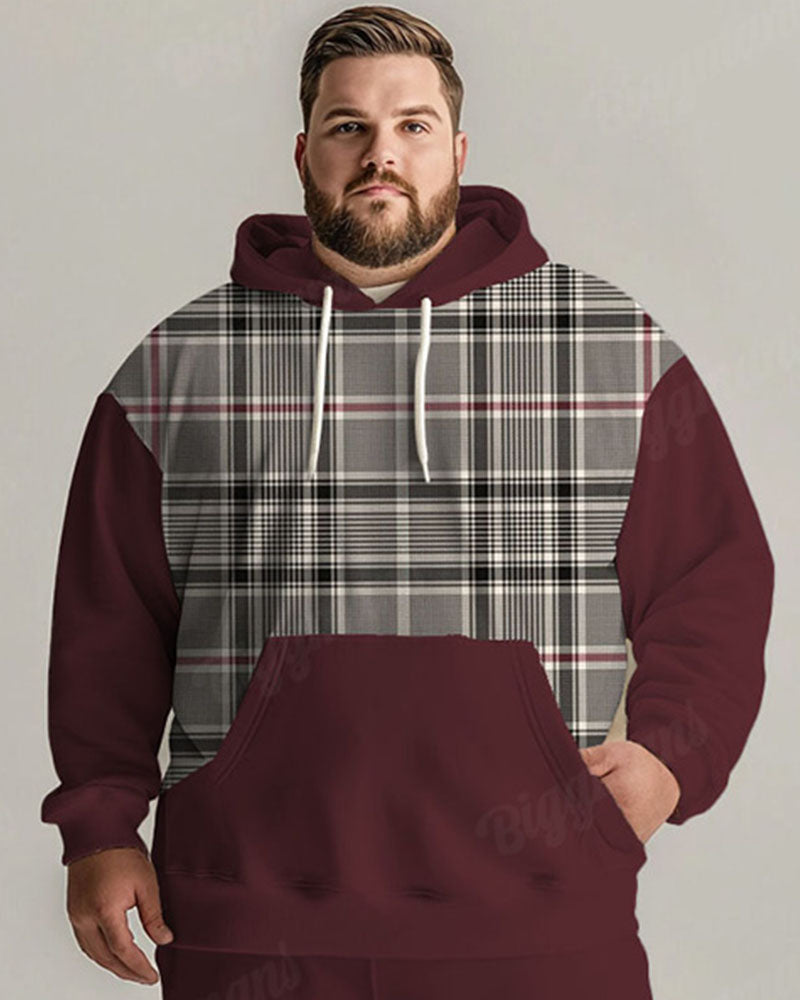Big & Tall Red Gray Plaid Hoodie Sweatpants Set for big men view 2