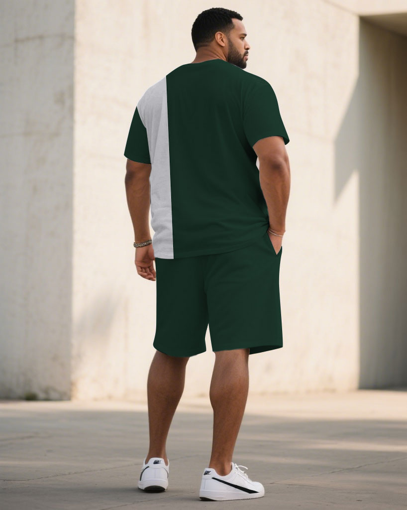 Big & Tall White Green Colorblock T-Shirt Shorts Set for big men view 4