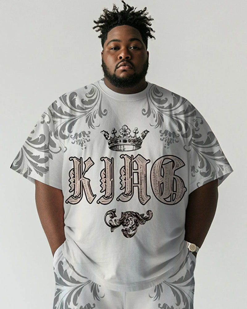 Big & Tall White Graphic T-Shirt Shorts Set for big men view 2