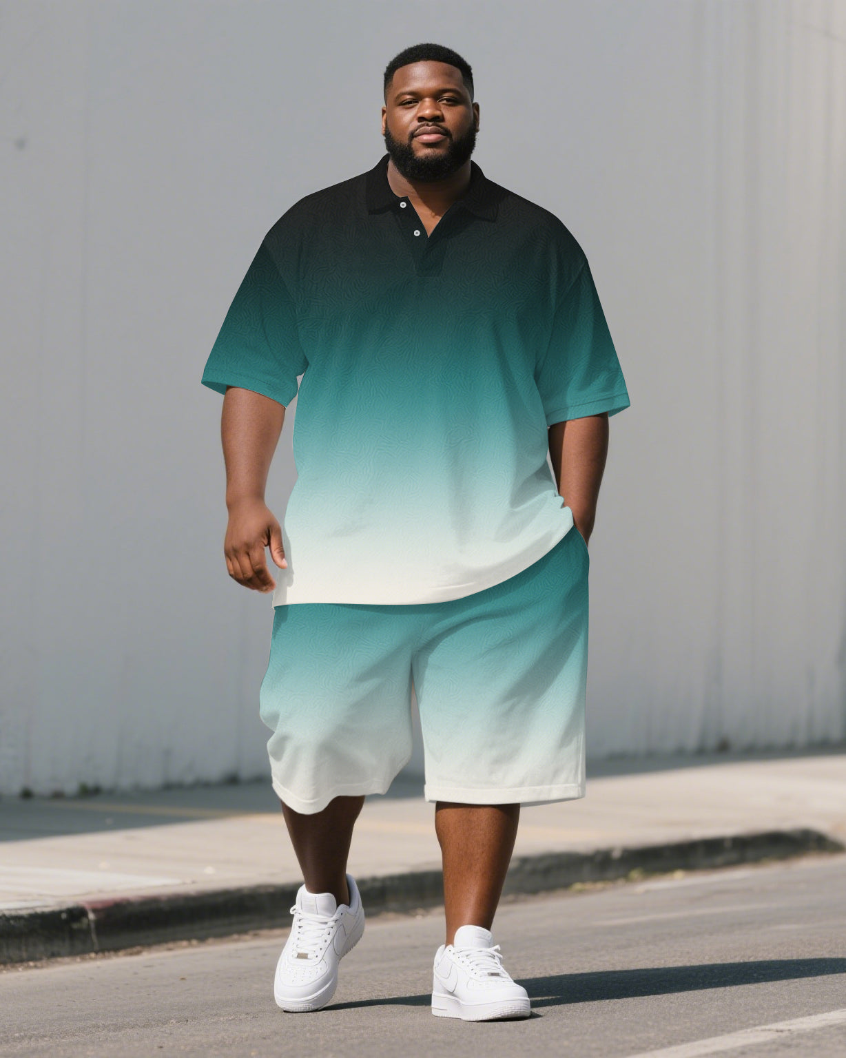 Big & Tall Green Gradient Polo Shorts Set for big men view 1