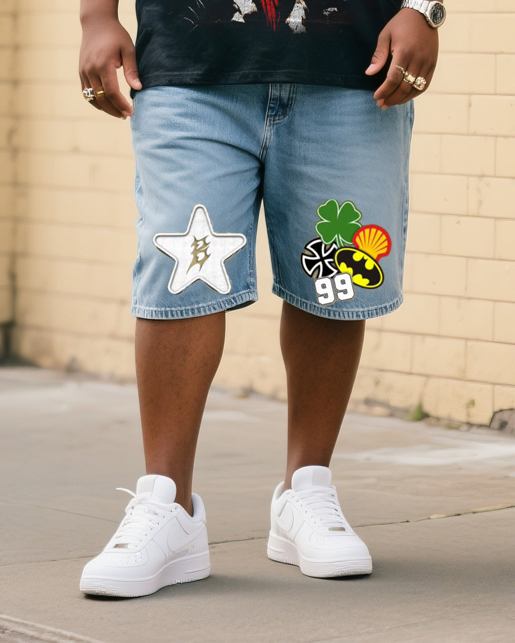 Big & Tall Denim Streetwear T-Shirt Shorts Set for big men view 3