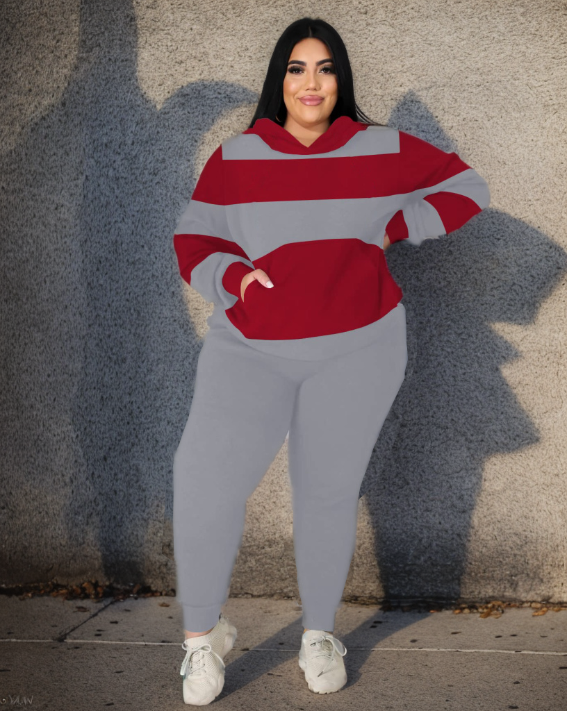 Big & Tall Red Gray Striped Hoodie Sweatpants Set for big men view 1