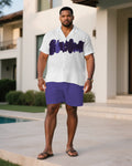 Big & Tall White Purple Hawaiian T-Shirt Shorts Set for big men view 1