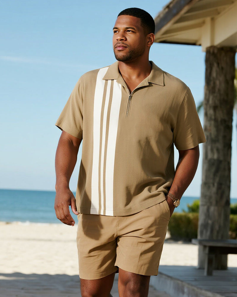 Big & Tall Khaki Striped Graphic Polo Shorts Set for big men view 1