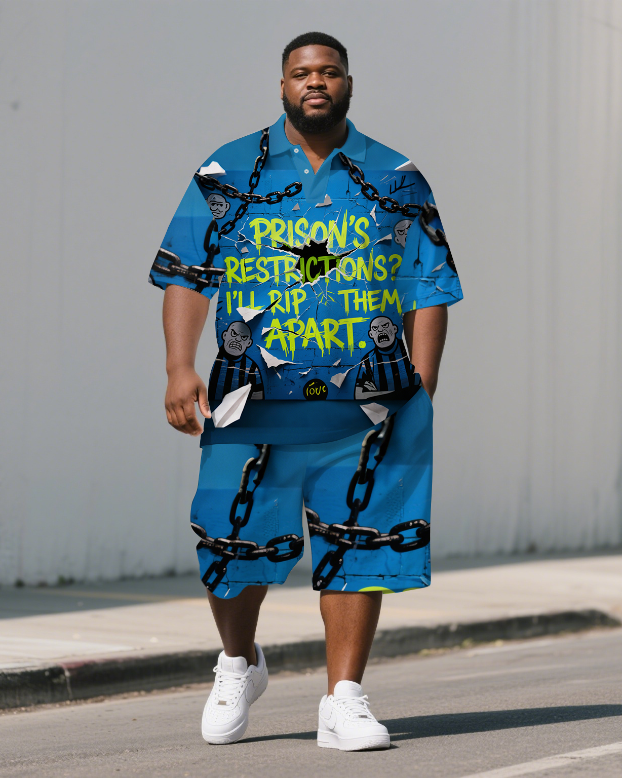Big & Tall Graphic Graffiti Polo Shorts Set for big men view 1