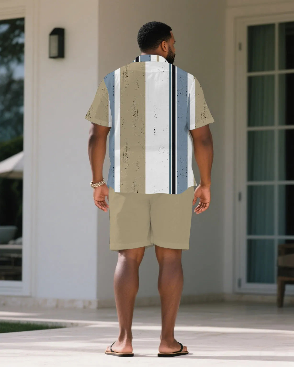 Big & Tall Khaki Blue Graphic T-Shirt Shorts Set for big men view 4