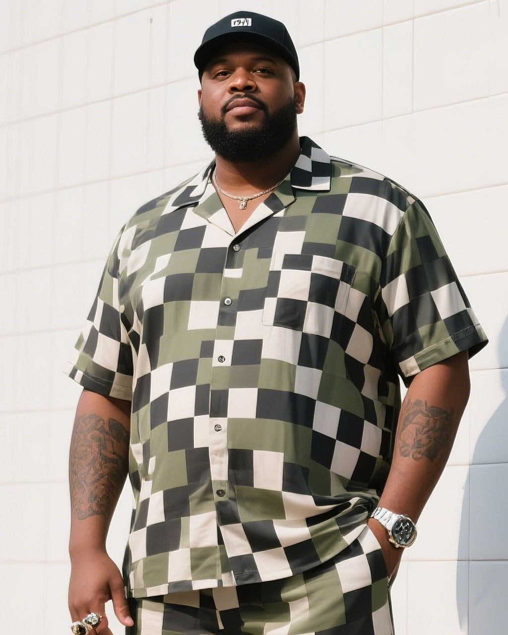Big & Tall Plaid Camouflage T-Shirt Shorts Set for big men view 2