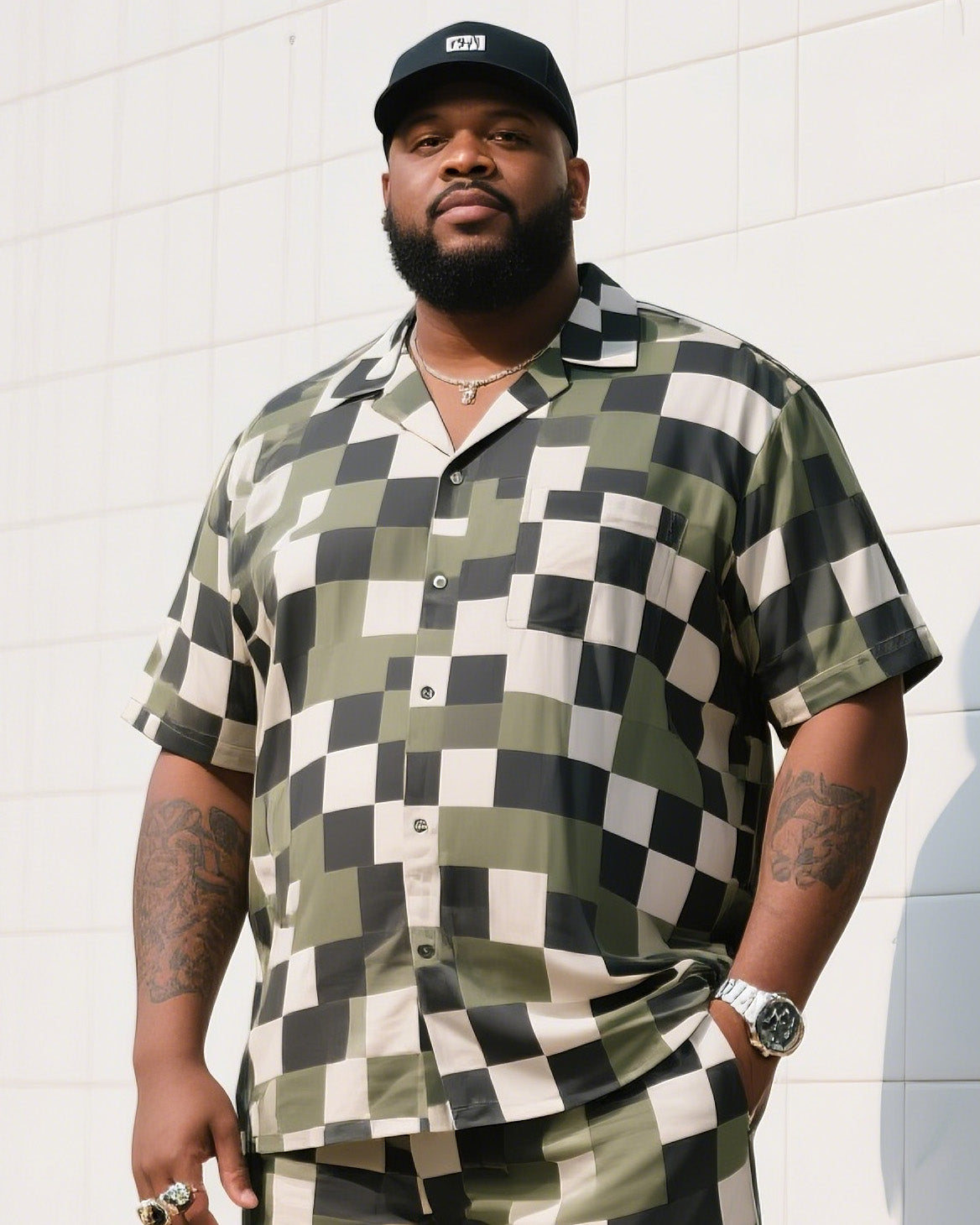 Big & Tall Plaid Camouflage T-Shirt Shorts Set for big men view 2