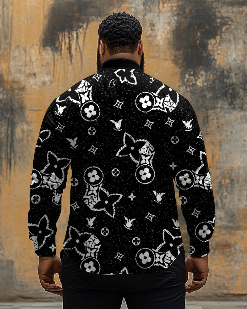 Big & Tall Black White Geometric Long Sleeve Shirt for big men view 3