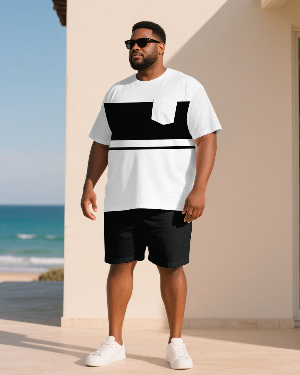 Big & Tall Black White Streetwear T-Shirt Shorts Set for big men view 1