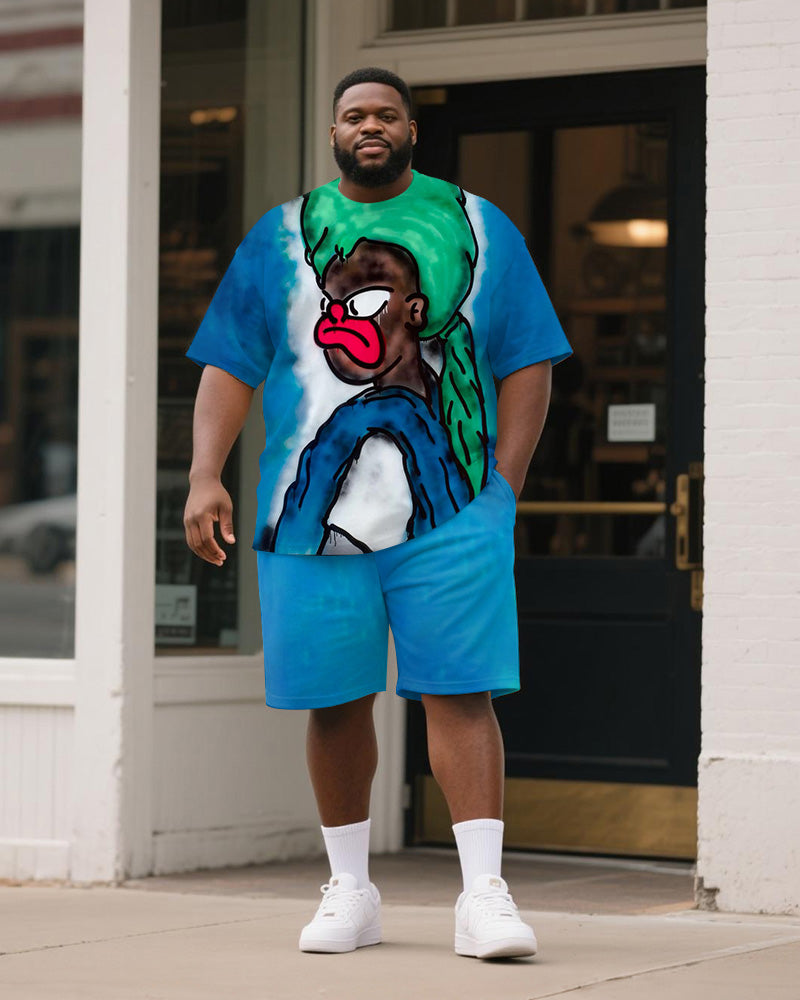 Big & Tall Blue Graphic Graffiti T-Shirt Shorts Set for big men view 1