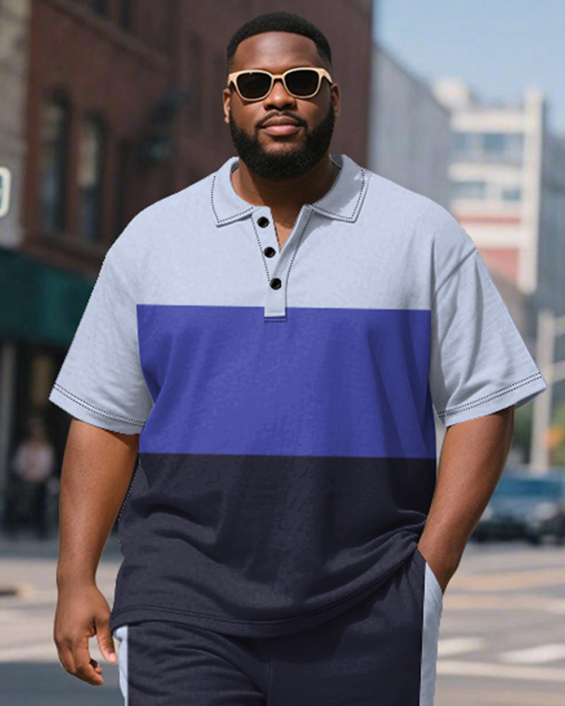 Big & Tall Purple Colorblock Striped Polo Shorts Set for big men view 3