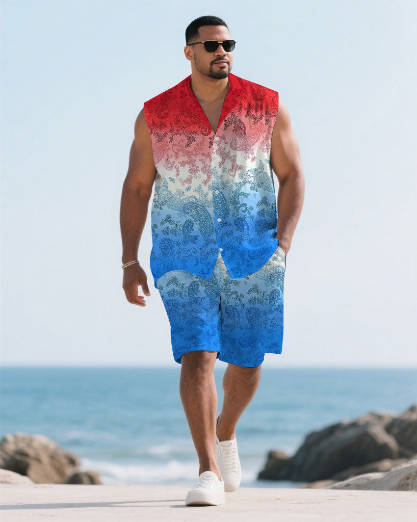 Big & Tall White Blue Hawaiian T-Shirt Shorts Set for big men view 1