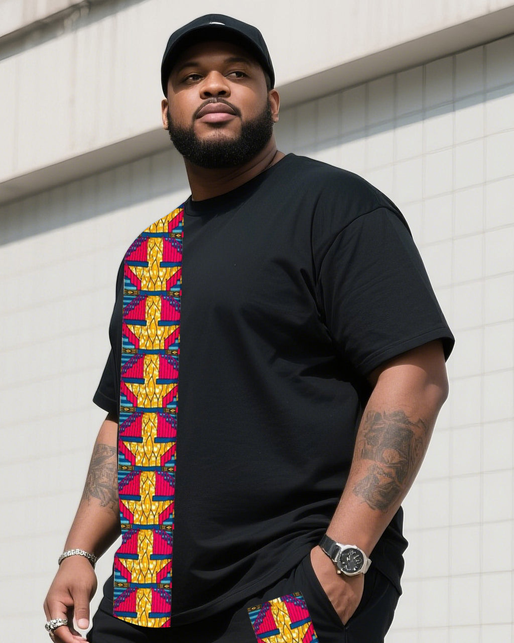 Big & Tall Black Striped Graphic T-Shirt Shorts Set for big men view 2