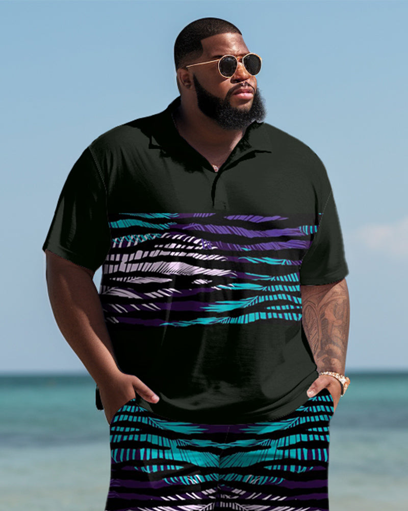 Big & Tall Hawaiian Striped Polo Shorts Set for big men view 2