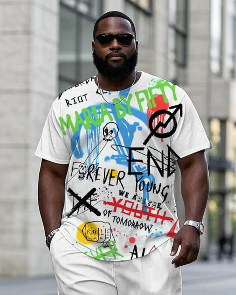 Big & Tall White Graphic Graffiti T-Shirt Pants Set for big men view 2