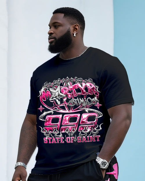 Big & Tall Pink Streetwear T-Shirt Shorts Set for big men view 2