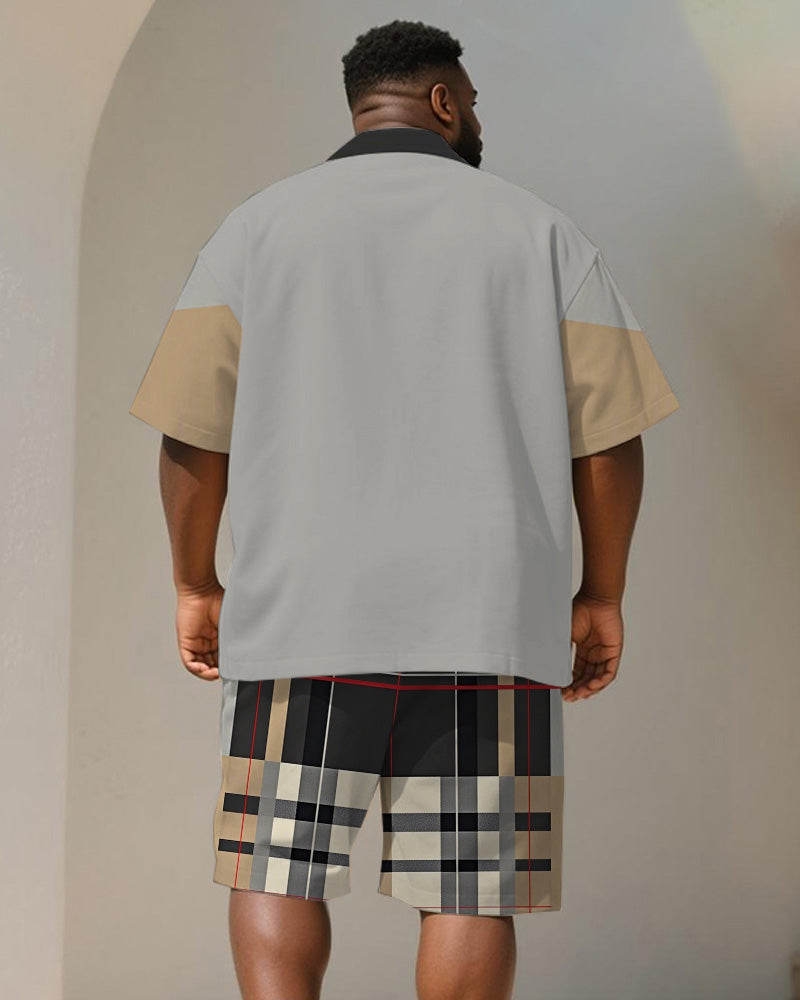 Big & Tall Black Khaki Plaid T-Shirt Shorts Set for big men view 4