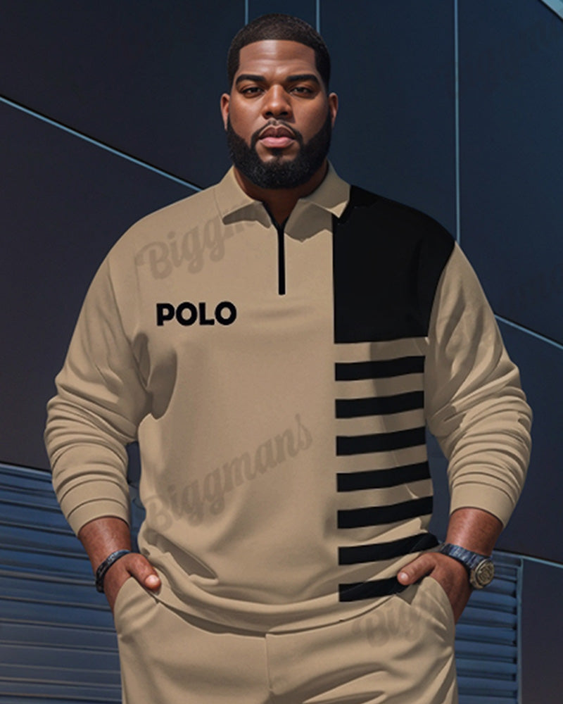 Big & Tall Khaki Striped Graphic Polo Pants Set for big men view 2