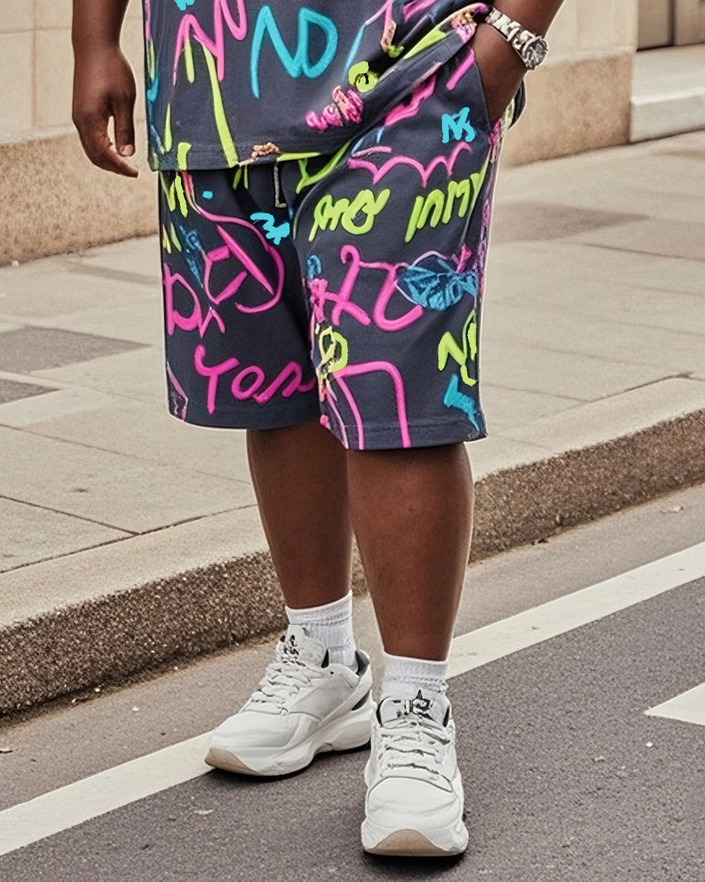 Big & Tall Graphic Graffiti T-Shirt Shorts Set for big men view 3