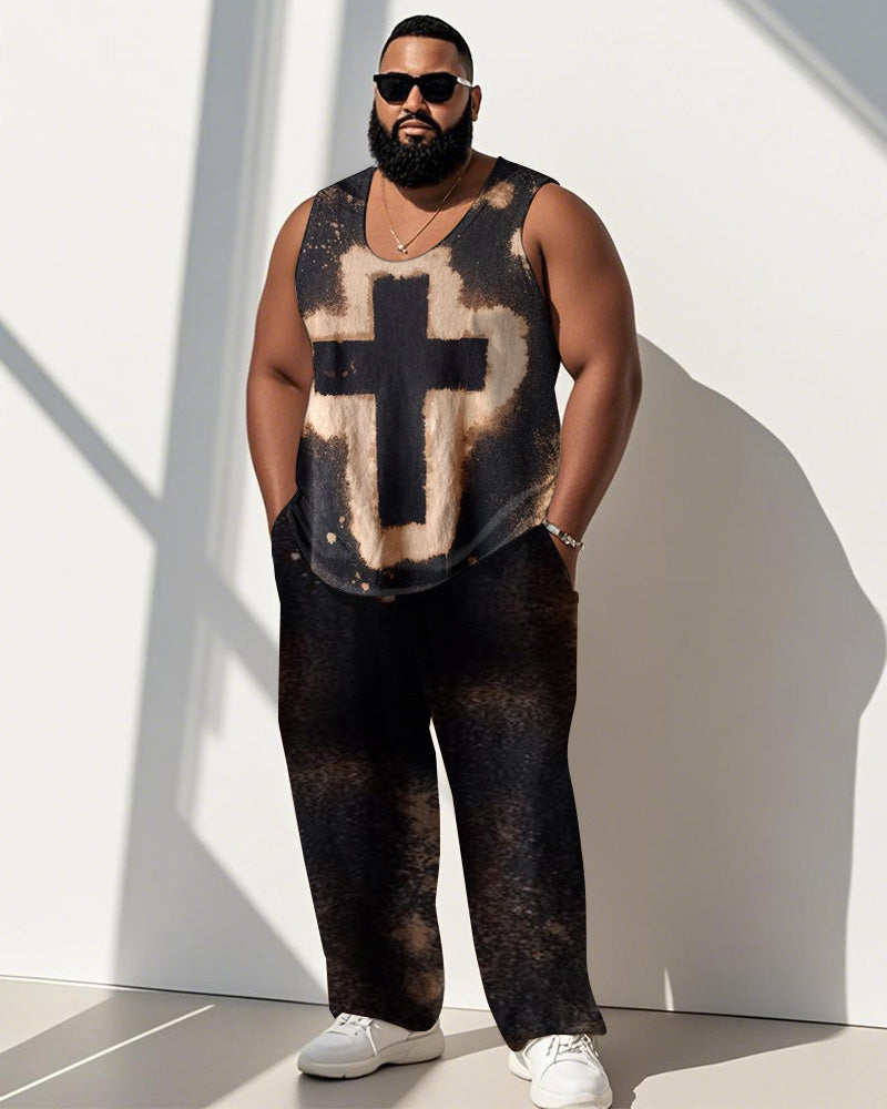 Big & Tall Brown Graphic Streetwear Vest Pants Set for big men view 1