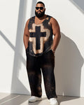 Big & Tall Brown Graphic Streetwear Vest Pants Set for big men view 1