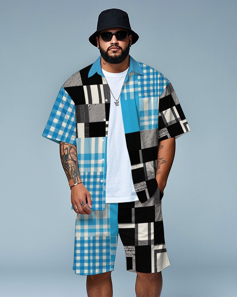Big & Tall Colorblock Plaid T-Shirt Shorts Set for big men view 1
