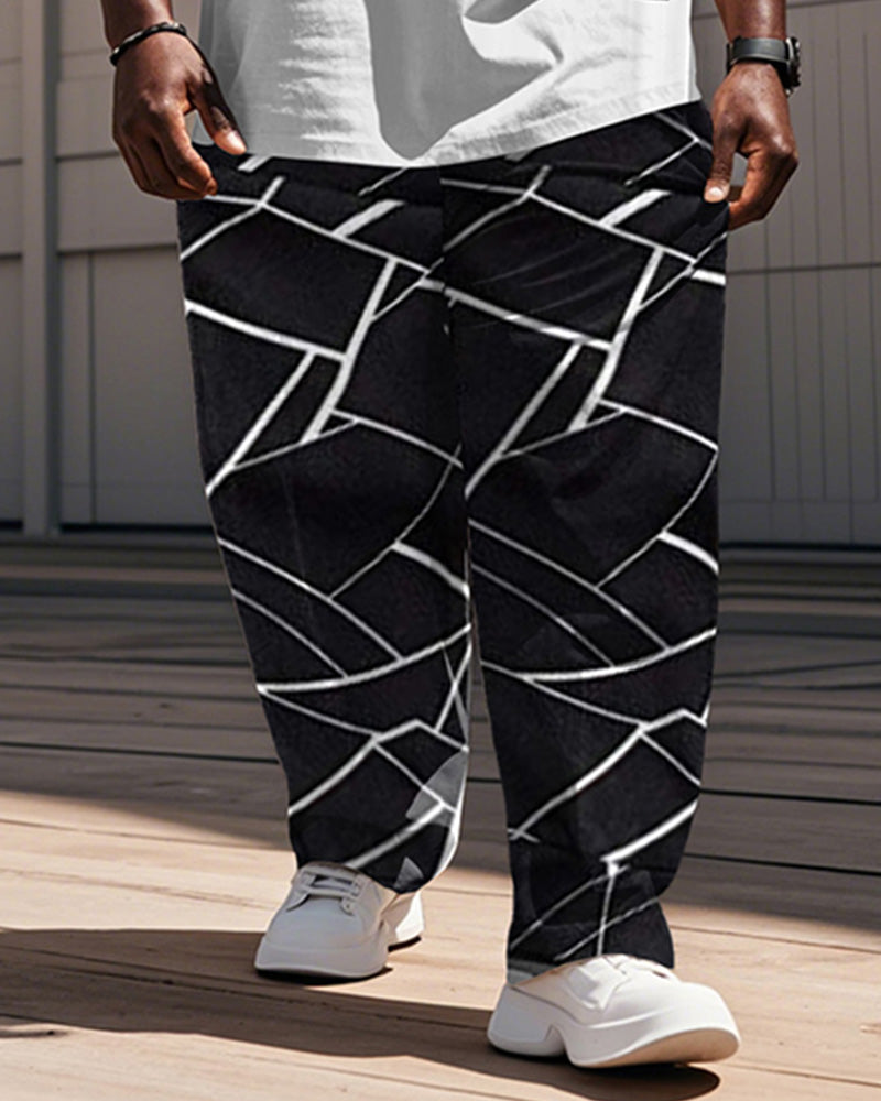 Big & Tall Black Geometric Striped Vest Pants Set for big men view 3