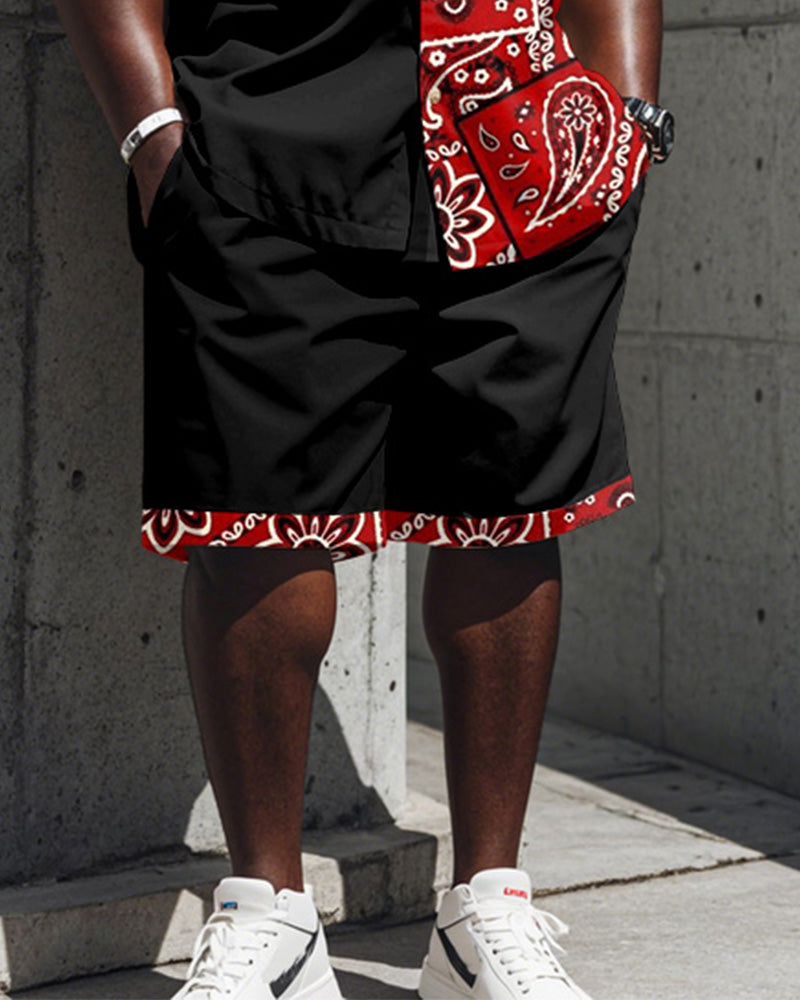 Big & Tall Black Red Colorblock T-Shirt Shorts Set for big men view 3
