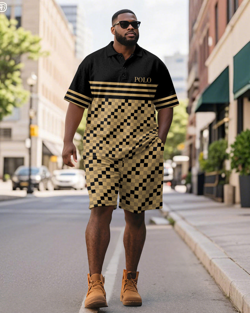Big & Tall Black Yellow Graphic Polo Shorts Set for big men view 1