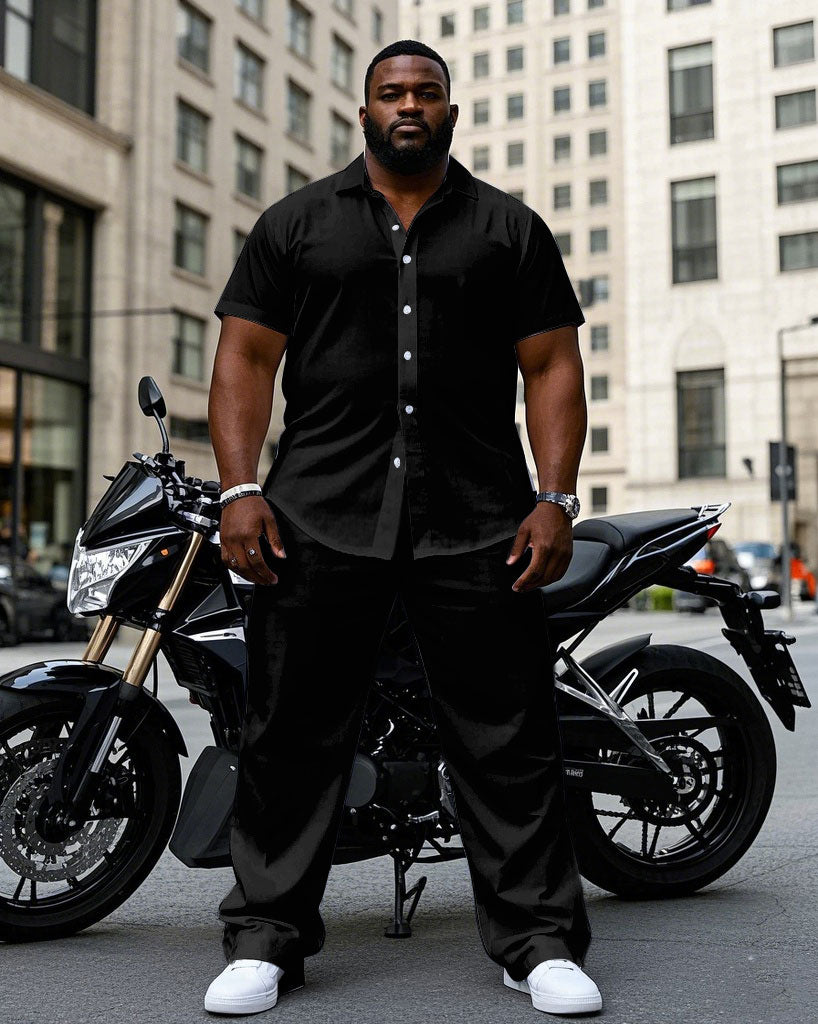 Big & Tall Black White Solid Color T-Shirt Pants Set for big men view 3
