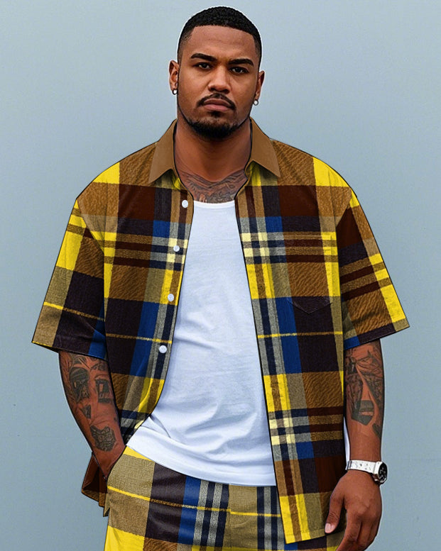 Big & Tall Yellow Plaid T-Shirt Shorts Set for big men view 2