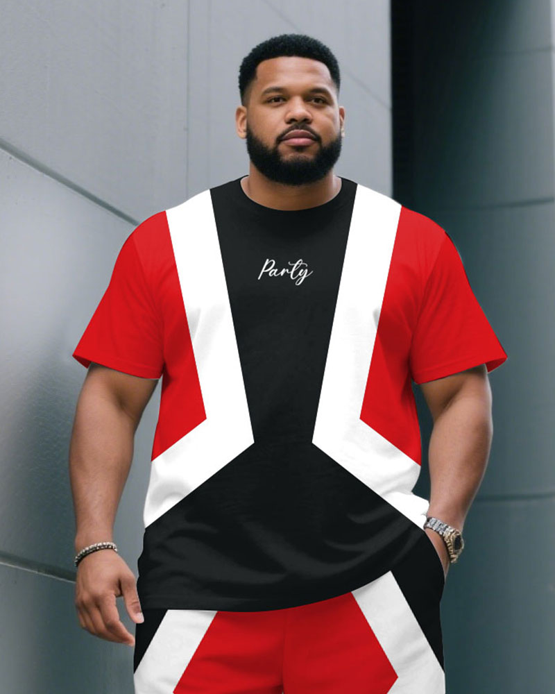 Big & Tall Black White Colorblock T-Shirt Shorts Set for big men view 2